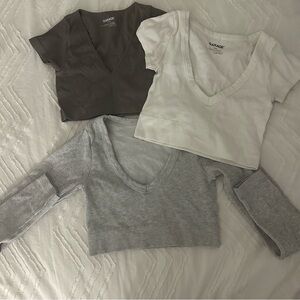 Garage Women's V-Neck Ribbed Crop Tops - Cream, Gray, Dark Grey